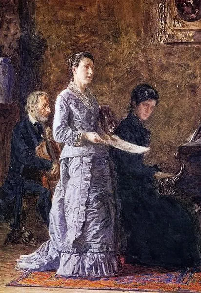 Pintura de Thomas Eakins: uma cantora de vestido lilás acompanhada por piano e violoncelo.