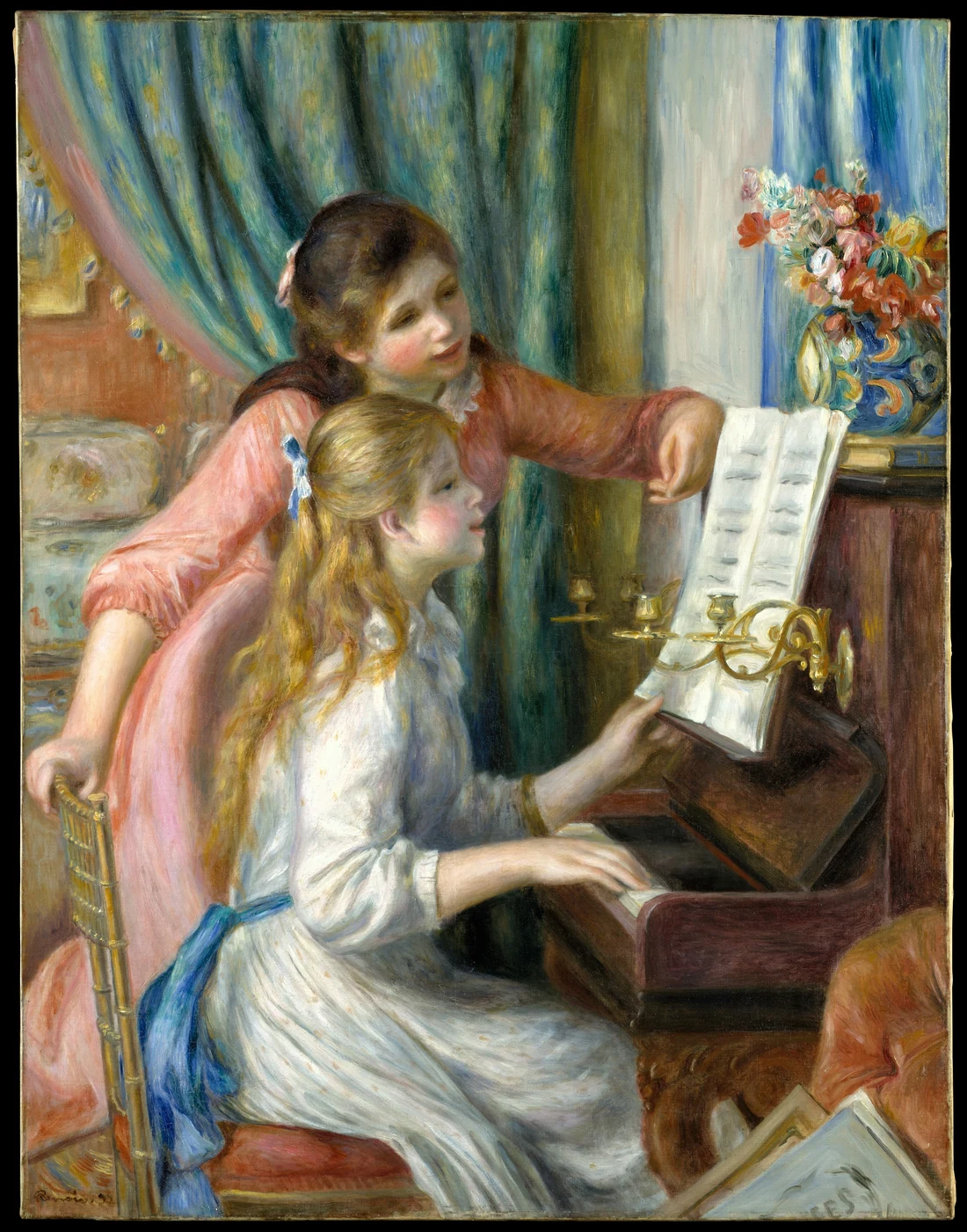 Pintura de Renoir: duas meninas ao piano; uma toca, a outra acompanha a partitura.